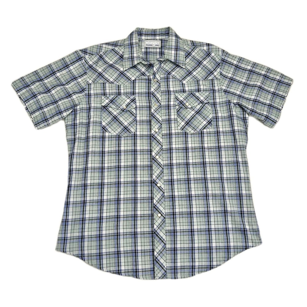 Wrangler Wrancher Mens L Short Sleeve Plaid Western Pearl Snap Shirt Blue Gray
